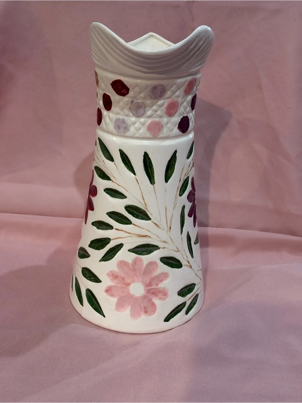 Vintage Hand-Painted Floral Ceramic Pitcher- Cottage core Home Decor